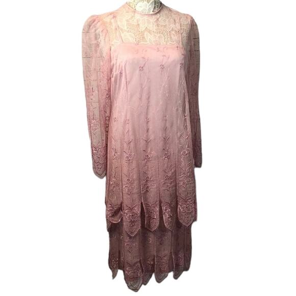 Vintage Samax New York pink lace & sheer tiered dress size medium - Picture 3 of 12